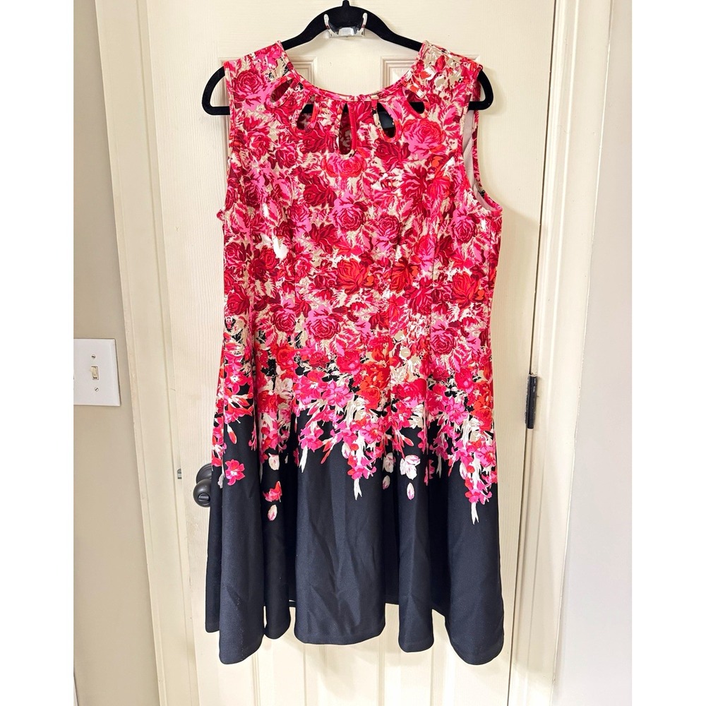 Gabby Skye 14W Pink Floral Round Neck Sleeveless Knit Zip Fit & Flare Dress